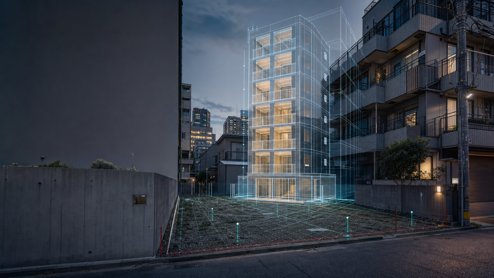 Tokyo apartment development site with a digital twin building plan overlay
